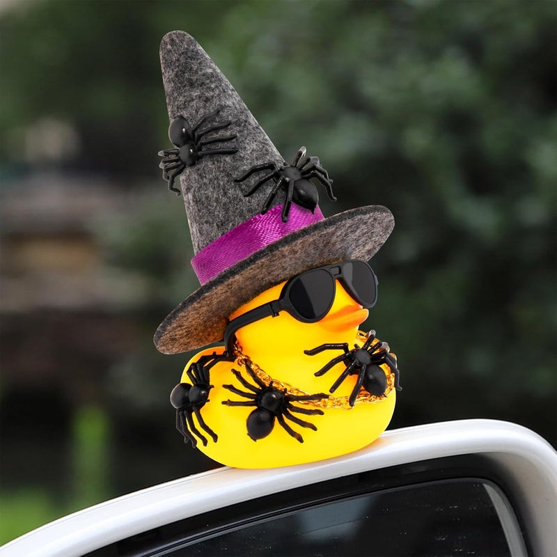 wonuu Spiders Rubber Ducks for Halloween, Car Dashboard Decorations Duck for Office Desk Ornament Accessories with Witch Hat Glasses Chain Spider (Dark Gray) - Image 2